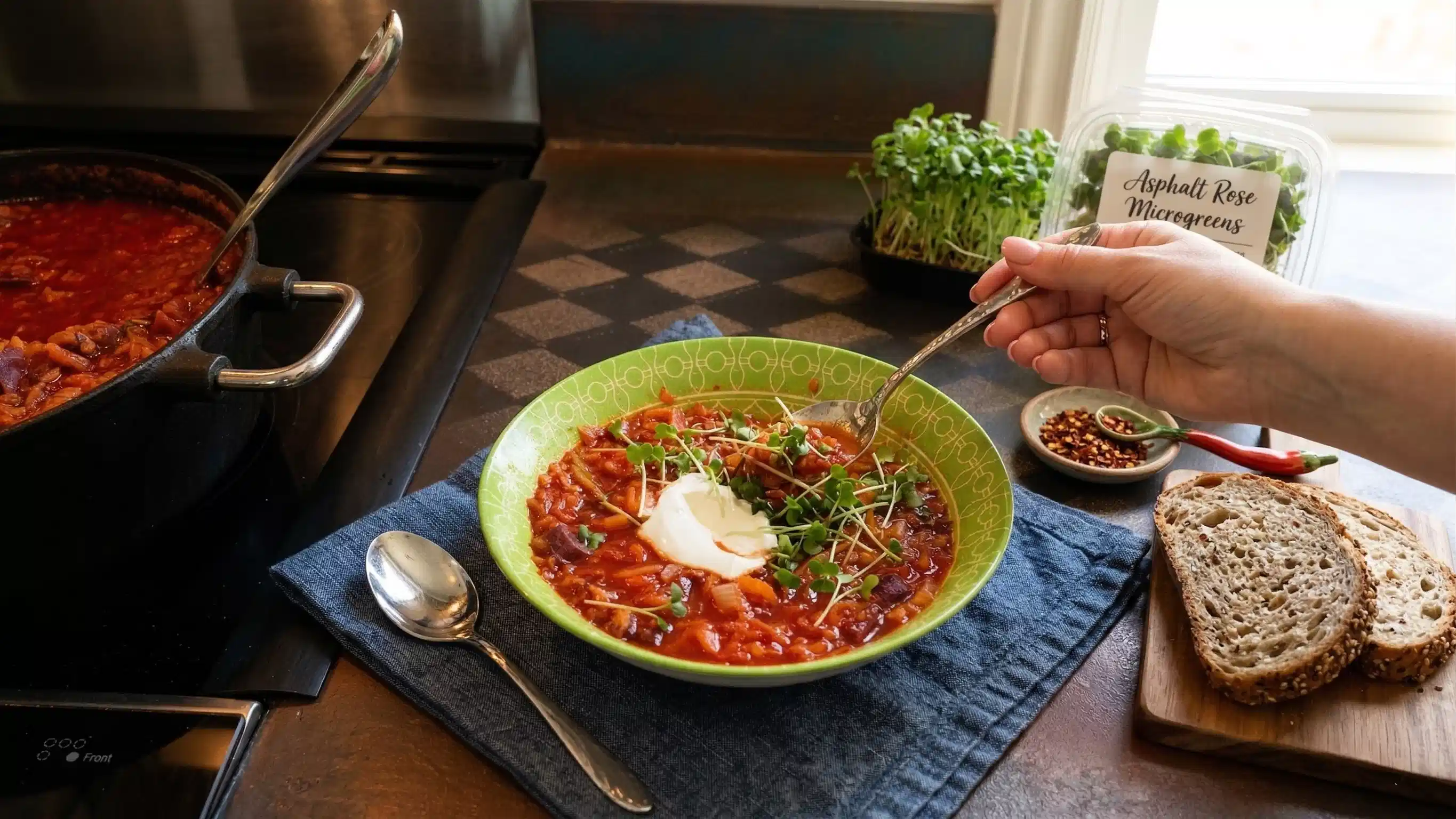 QUICK SAUSAGE BORSCHT WITH MICROGREENS